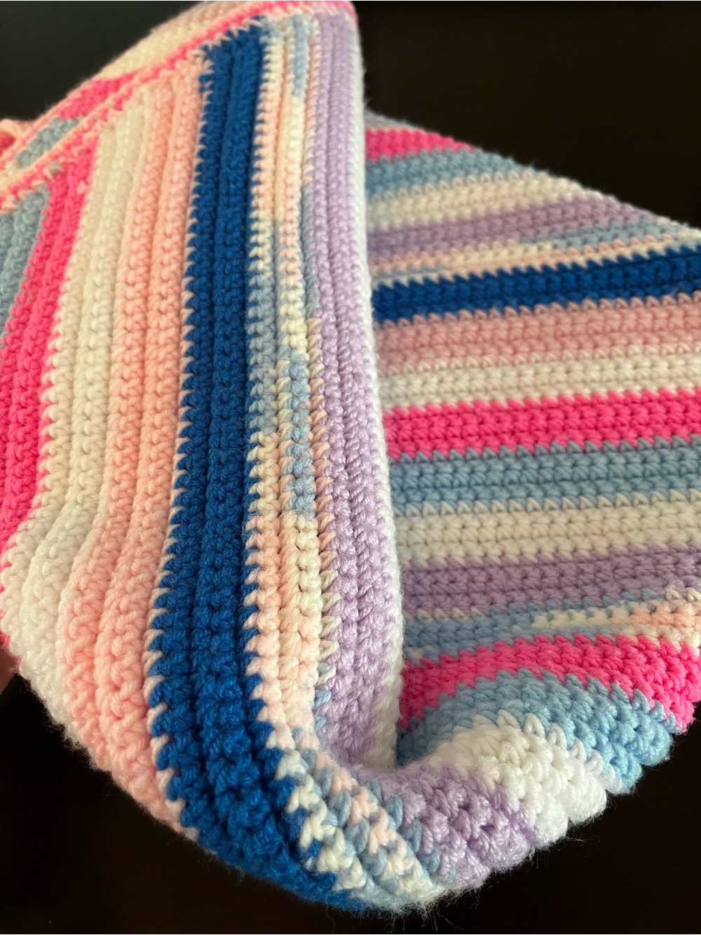 Handmade Striped Crochet Baby Blanket in Pink, Blue, Cream & Purple - Picture 3 of 8